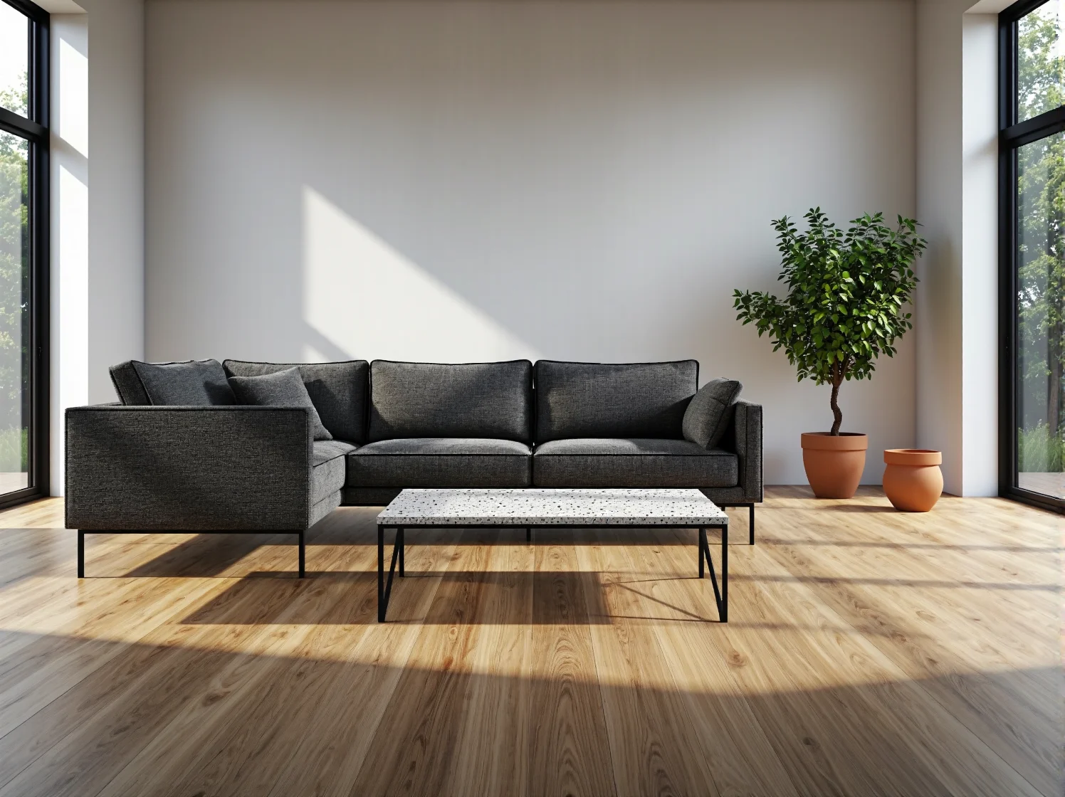 Narożnik tapicerowany grafitowy na czarnych metalowych nóżkach