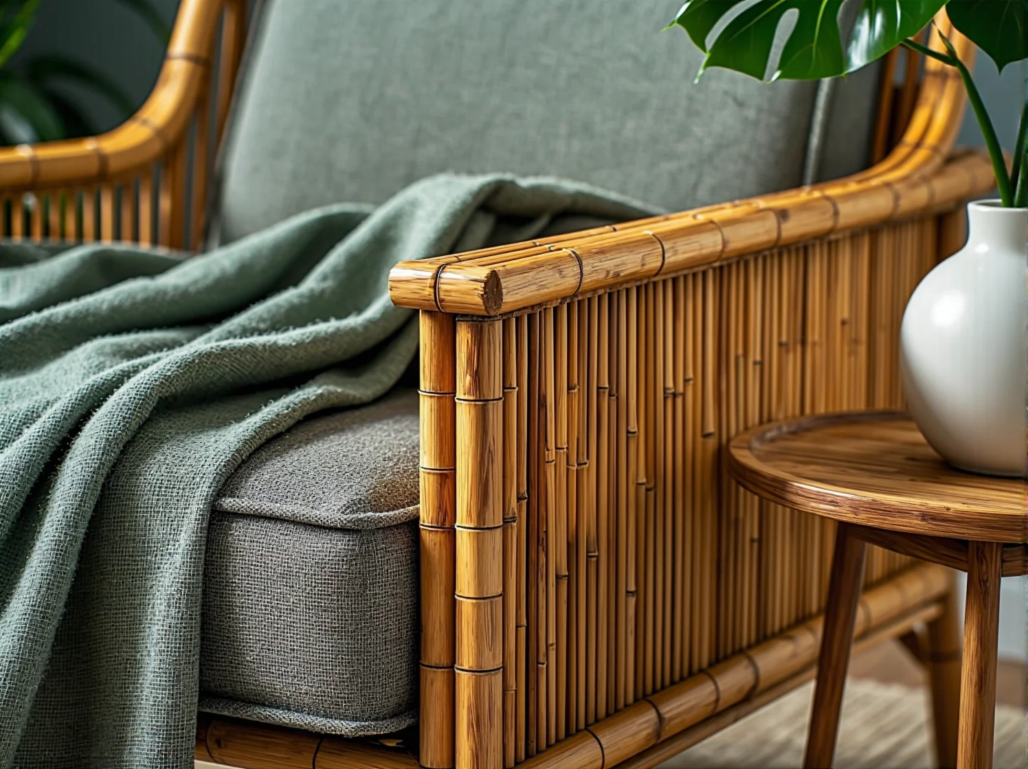 Stylowy zestaw mebli bambusowych w aranżacji tarasu w stylu eko-boho