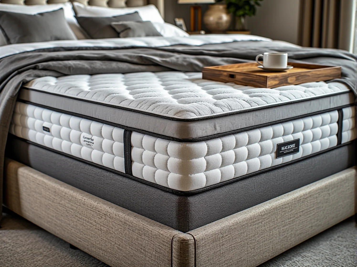 Wielowarstwowa konstrukcja łóżka kontynentalnego z podparciem ortopedycznym dla osób z problemami kręgosłupa.