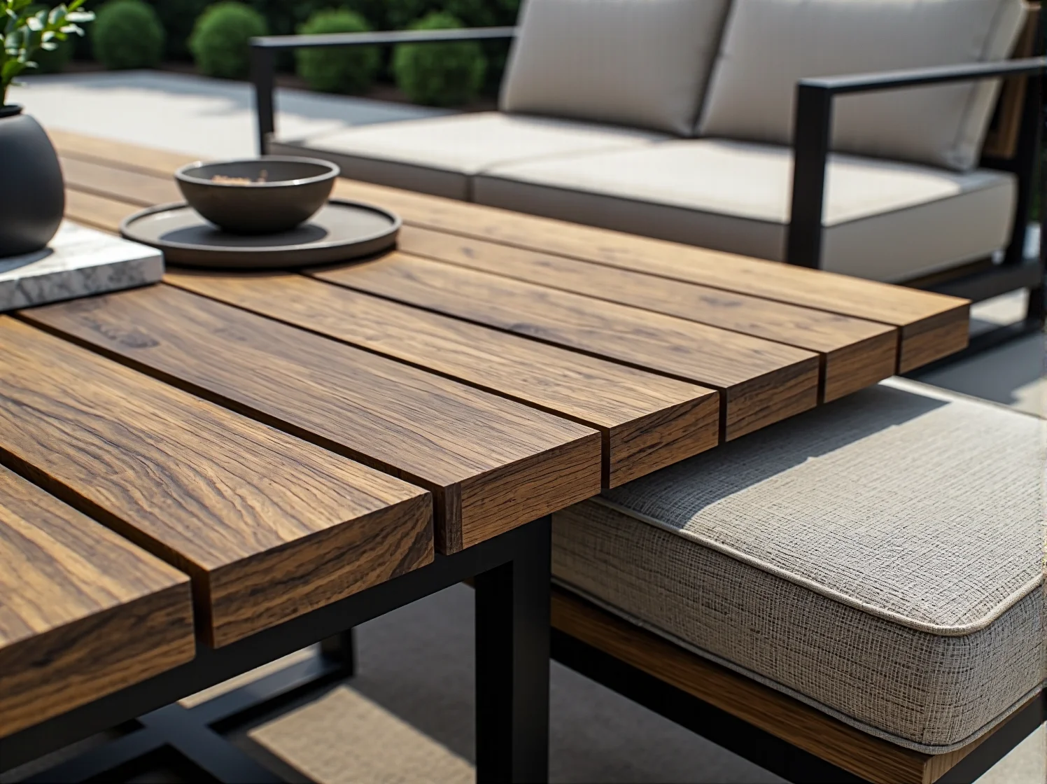 Zbliżenie na wysokiej jakości materiały premium, z których wykonane są luksusowe meble ogrodowe.