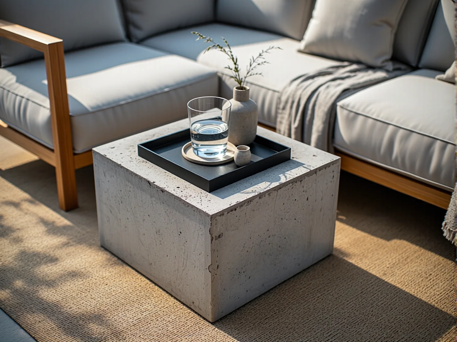 Ochrona mebli z betonu architektonicznego specjalnym pokrowcem na zimę.