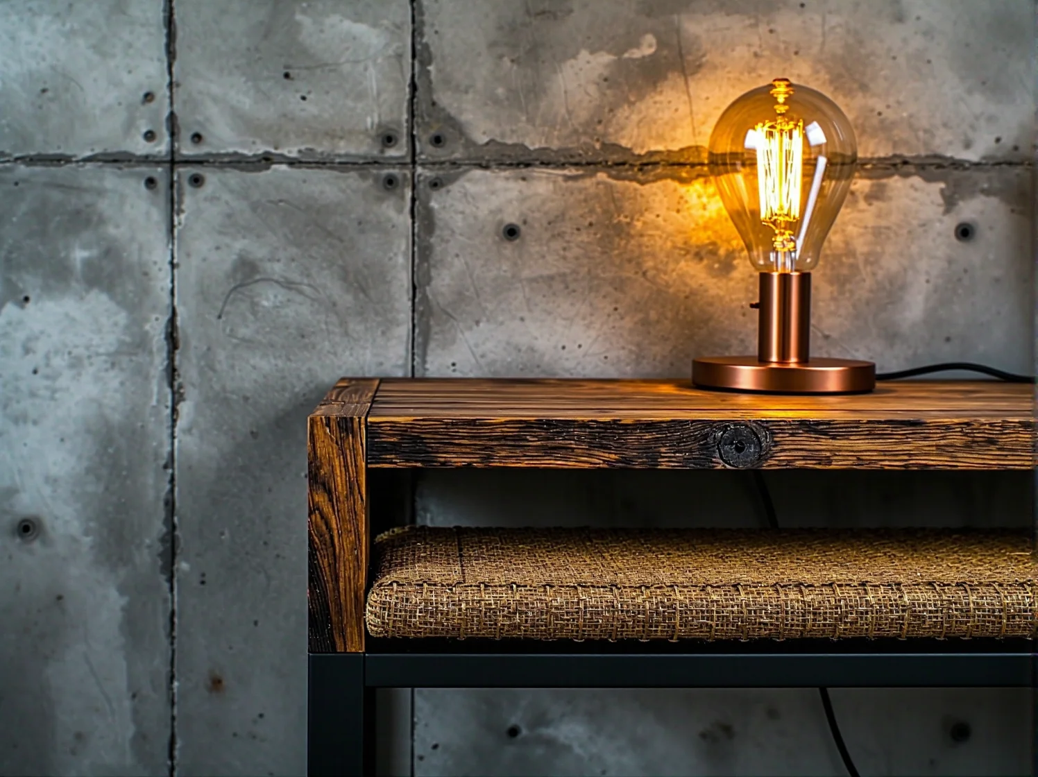 Złota lampa wisząca z żarówką Edisona, stanowiąca centralny punkt oświetlenia nad drewnianym stołem w jadalni.